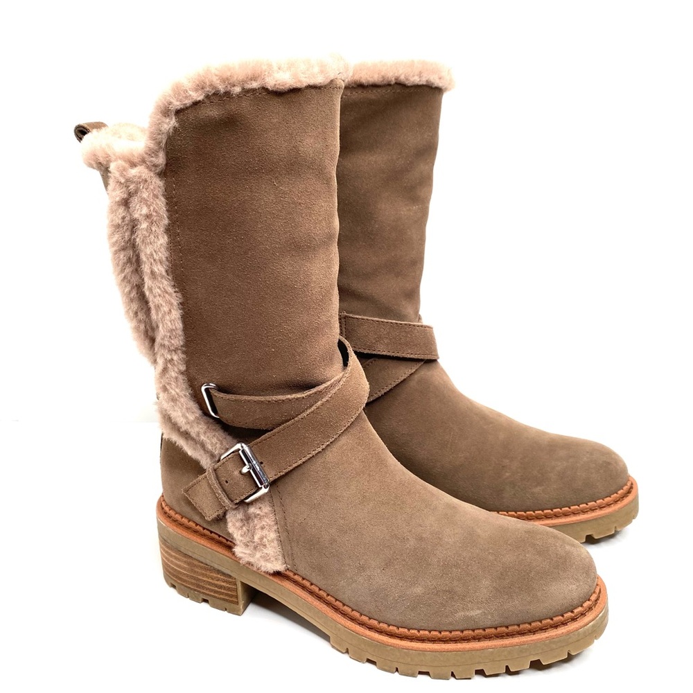 Sam Edelman Jailyn Tan Suede Faux Fur Women’s Boots 7.5M Mid Calf Lug Sole - EUC